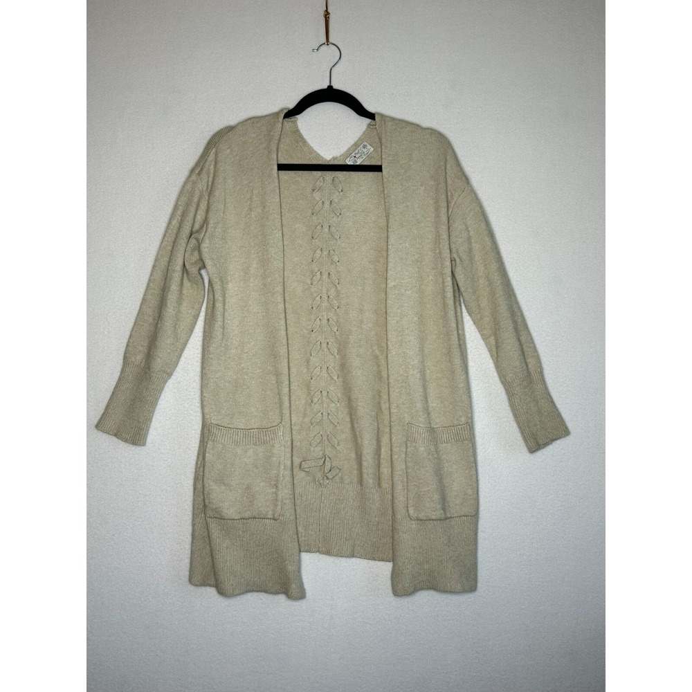 Poof Apparel Tan Cardigan Open Front Lace Back Pockets Sweater Womens Size M